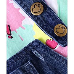 Babyhug Single Jersey Knit Half Cap Sleeves Top & Dungaree with Rainbow Print & Embroidery - White & Blue