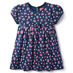 Babyhig Single Jersey Knit Half Sleeves Strawberry Printed Frock with Bow Applique - Navy Blue