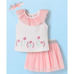 Babyhug Single Jersey Knit Sleeveless Top & Skirt Set With Floral Embroidery & Headband - White & Pink