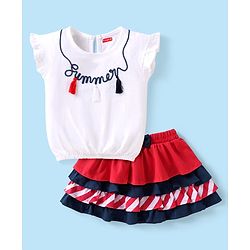 Babyhug Single Jersey Knit Frill Sleeves Top & Skirt Set with Text Embroidery & Bow Applique - White & Red
