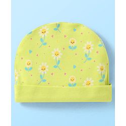 Babyhug 100% Cotton Cap with Floral Print - Lemon Yellow - Diameter 15cm