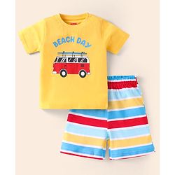 Babyhug Cotton Knit Half Sleeves Shorts Night Suit with Beach Theme Print & Stripes - Yellow