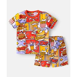 Babyhug Cotton Knit Half Sleeves Shorts Night Suit With Burger & Ice Cream Print - Multicolor