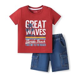 Babyhug Single Jersey Knit Half Sleeves T-Shirt & Denim Shorts Set With Beach Theme Print - Red & Blue