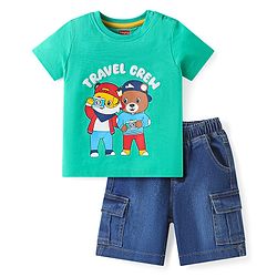 Babyhug Single Jersey Knit Half Sleeves T-Shirt & Denim Shorts Set With Animal Print - Sea Green