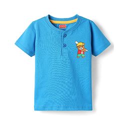 Babyhug Cotton Knit Half Sleeves Oversized Henley Neck T-Shirt With Animal Front & Back Print - Blue