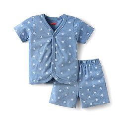 Babyhug Single Jersey Knit Half Sleeves Front Open T-Shirt and Shorts Set with Star Print - Blue