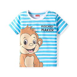 Babyhug Cotton Knit Half Sleeves T-Shirt with Monkey Print & Stripes - Light Blue
