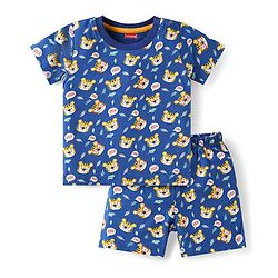 Babyhug Single Jersey Knit Half Sleeves Co-ords T-Shirt & Shorts Set with Tiger Print - Navy Blue