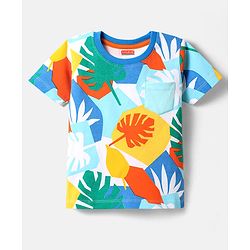 Babyhug Cotton Knit Half Sleeves T-Shirt with Leaves Print - White & Yellow