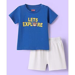 Babyhug Single Jersey Knit Half Sleeves T-Shirt & Shorts Set With Teddy Bear Print - Blue & White