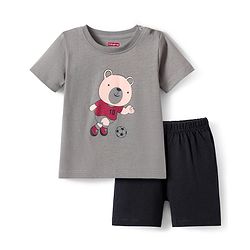 Babyhug Single Jersey Knit Half Sleeves T-Shirt & Shorts Set With Teddy Bear Print - Grey & Black