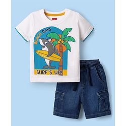 Babyhug Single Jersey Knit Half Sleeves T-Shirt & Denim Shorts Set with Beach Theme Print - White & Blue