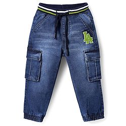 Babyhug Full Length Washed Denim Jeans with Stretch & Patch Detailing - Blue