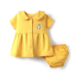 Babyhug Cotton Woven Half Sleeves Solid Colour Frock With Bloomers - Yellow