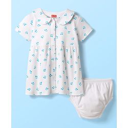 Babyhug Cotton Woven Musical Note Printed Front Open Frock With Bloomers - White