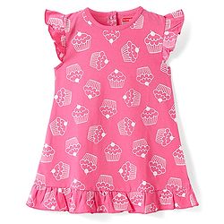 Babyhug Cotton Knit Frill Sleeves Nighty with Cup Cake Print - Dark Pink