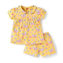 Babyhug Cotton Knit Half Sleeves Shorts Night Suit with Butterfly Print - Yellow