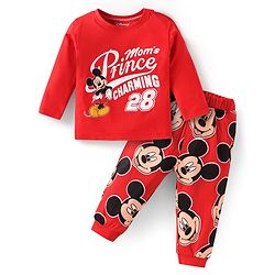 Babyhug Disney Single Jersey Knit Full Sleeves Night Suit With Mickey Mouse Graphics - Red