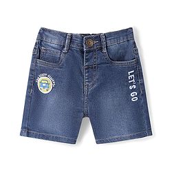 Babyhug Denim Mid Thigh Washed Shorts With Stretch and Vehicle Patch & Lets Go Embroidery - Blue
