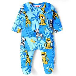 Babyhug Cotton Knit Full Sleeves Footed Sleepsuit with Animal Print - Blue