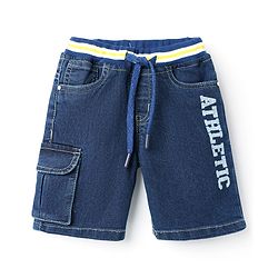 Babyhug Above Knee Length Denim Washed Stretchable Bermuda With Text Print - Navy Blue