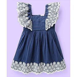 Babyhug Cotton Knit Frill Sleeves Nighty With Polka Dot Print - Navy Blue