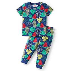 Babyhug Cotton Woven Half Sleeves Night Suit with Tropical Theme Print - Navy Blue