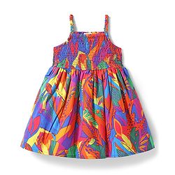 Babyhug Cotton Knit Sleeveless Frock With Leaf Print & Smocked Detailing - Multicolor