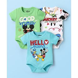 Babyhug Disney Interlock Knit Half Sleeves Onesies With Mickey Mouse Graphics Pack Of 3 - Light Blue Light Green & White