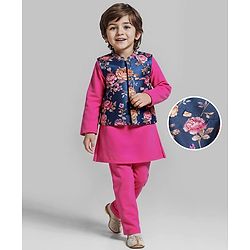 Babyhug Woven Full Sleeves Kurta Pyjama Set With Floral Printed Jacket - Fuchsia