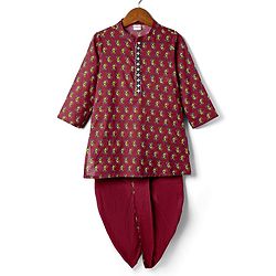 Babyhug Woven Full Sleeves Kurta Dhoti Set With Kolka Motif Print - Marroon