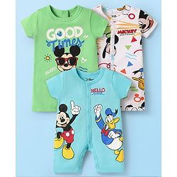 Babyhug Disney Interlock Knit Half Sleeves Rompers With Mickey Mouse Graphics Pack Of 3 - Light Blue & White