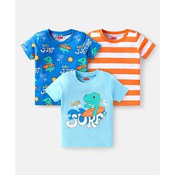 Babyhug Cotton Knit Half Sleeves T-Shirts With Stripes & Dino Print Pack Of 3 - Blue & Orange