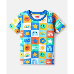 Babyhug Cotton Knit Half Sleeves Summer Printed T-Shirt - White & Blue