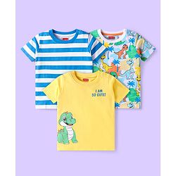 Babyhug Cotton Knit Half Sleeves T-Shirts With Stripes & Dino Print Pack of 3 - Yellow White & Blue