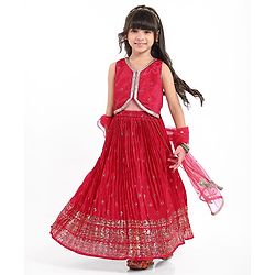 Babyhug Woven Sleeveless Choli Lehenga Set with Dupatta & Rhinestone Lace Detailing - Red