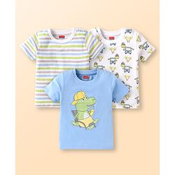 Babyhug Cotton Knit Half Sleeves T-Shirts with Beach Theme Print & Stripes Pack of 3 - Light Blue & White