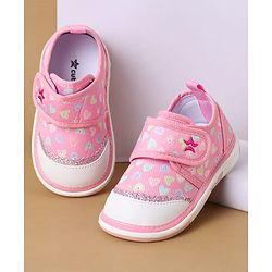 Cute Walk by Babyhug Velcro Closure Casual Shoes with Heart Print & Glitter Detailing - Pink