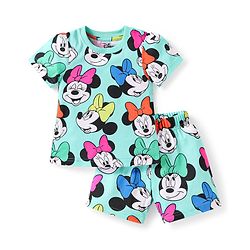 Babyhug Disney Single Jersey Knit Half Sleeves Co-ords Shorts Night Suit with Minnie Mouse Graphics - Turquoise