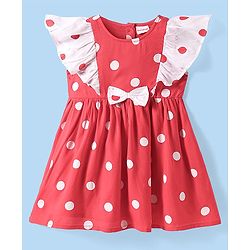 Babyhug Cotton Woven Flutter Sleeves Frock With Polka Dot Print & Bow Applique - Red