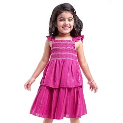 Babyhug Cotton Woven Frill Sleeves Layered Frock with Smocking - Pink