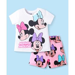 Babyhug Disney Single Jersey Knit Half Sleeves Shorts Night Suit with Minnie Mouse Graphics - Pink & White