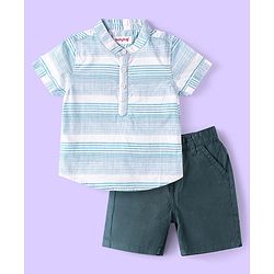 Babyhug Cotton Woven Half Sleeves Striped T-Shirt & Shorts Set - Green & White