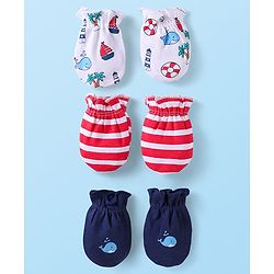 Babyhug 100% Cotton Knit Mittens with Stripe & Nautical Theme Pack of 3 - Red White & Navy Blue
