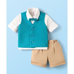 Babyhug Knit Full Sleeves Solid 3 Piece Party Suit With Bow - White Blue & Beige