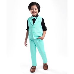 Babyhug Knit Full Sleeves Solid Color 3 Piece Party Suit with Bow - Navy Blue