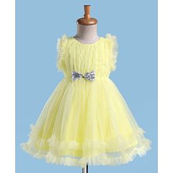 Babyhug Woven Frill Sleeves Party Mesh Dress with Bow Applique & Sequin Detailing - Yellow