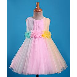 Babyhug Woven Sleeveless Mesh Fit And Flare Party Dress With Flower Applique - Pink & Yellow