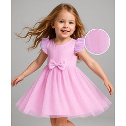 Babyhug Woven Frill Sleeves Solid Mesh Party Dress With Bow Applique - Pink